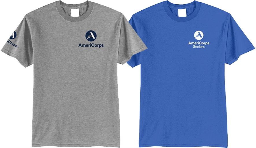 Two mockups of t-shirts with the AmeriCorps logo