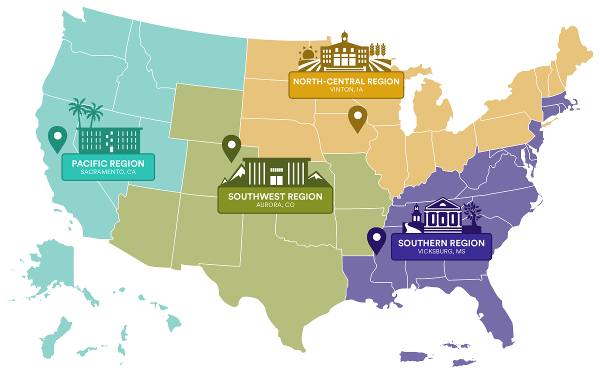 Map of AmeriCorps NCCC regions and campuses