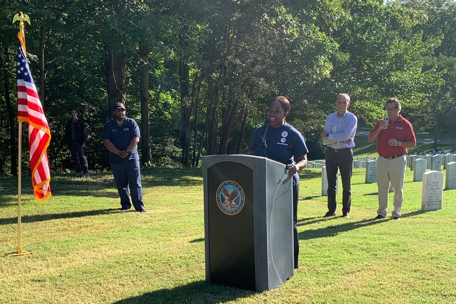 Mary Tobin speaks at Quantico Cemetery during the 9/11 Day of Service